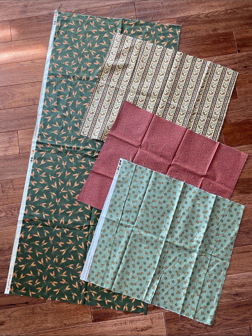 Assorted Cotton Fabric Bundle — Green, Teal, Rust, Cream Prints